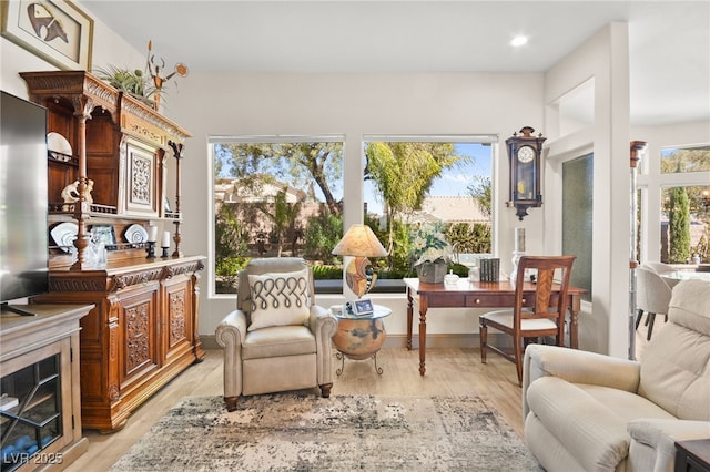 sitting room featuring light wood-style flooring, a fireplace, and a wealth of natural light