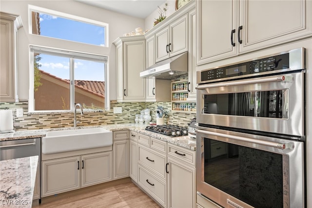 kitchen with under cabinet range hood, backsplash, appliances with stainless steel finishes, and a sink