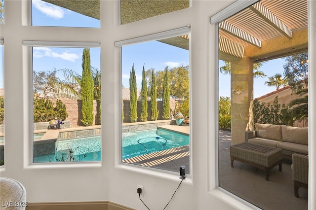 exterior space featuring a patio, a fenced backyard, and a pergola