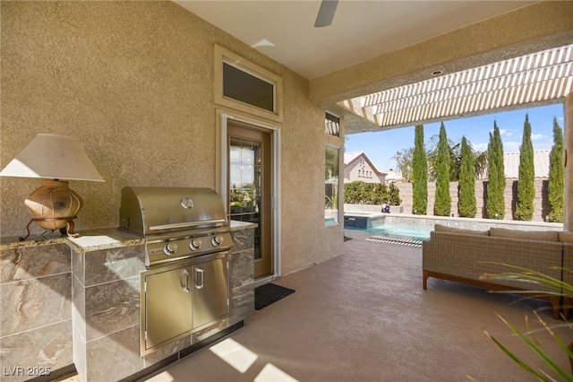 view of patio with a fenced in pool, area for grilling, a grill, and fence