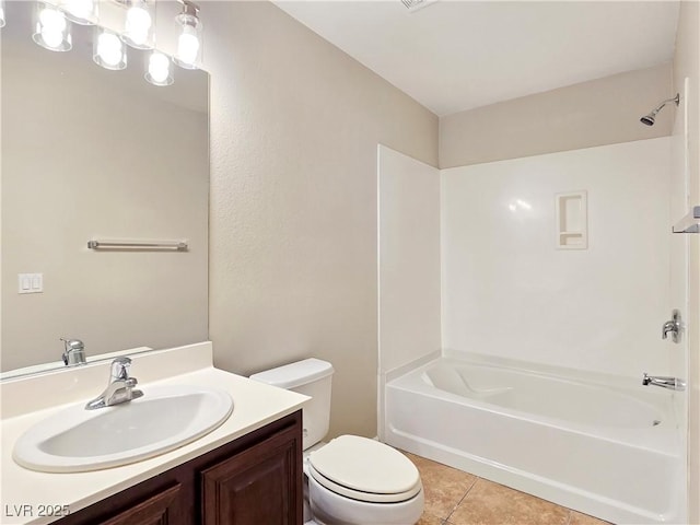 bathroom with tub / shower combination, vanity, toilet, and tile patterned floors