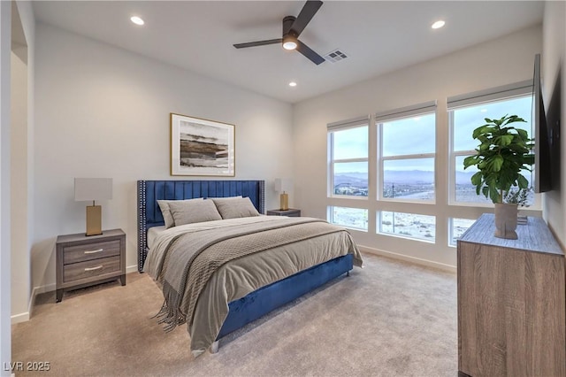 bedroom with recessed lighting, visible vents, carpet floors, and baseboards