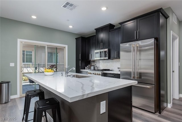 kitchen featuring dark cabinetry, visible vents, a kitchen island with sink, a sink, and stainless steel appliances