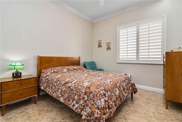 bedroom featuring tile patterned floors, baseboards, ornamental molding, and a ceiling fan