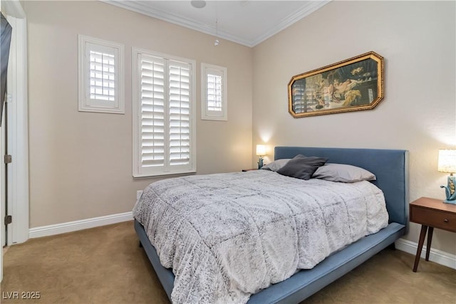 bedroom with baseboards, carpet, and ornamental molding