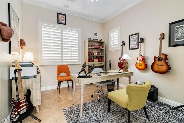 home office with light tile patterned flooring, crown molding, and baseboards