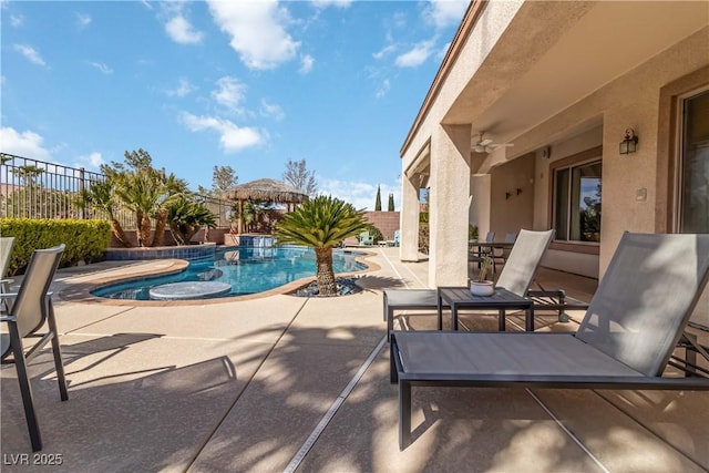 view of pool with a patio area, a fenced in pool, and a fenced backyard