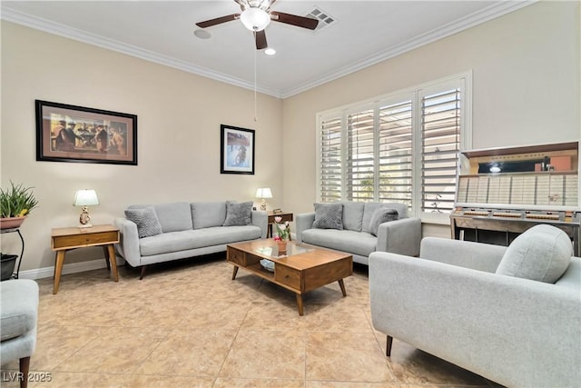 living room with a ceiling fan, baseboards, light tile patterned flooring, recessed lighting, and ornamental molding