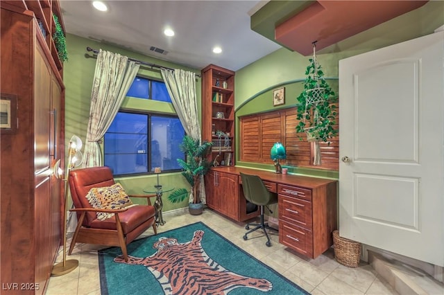 office area featuring recessed lighting, visible vents, and tile patterned floors