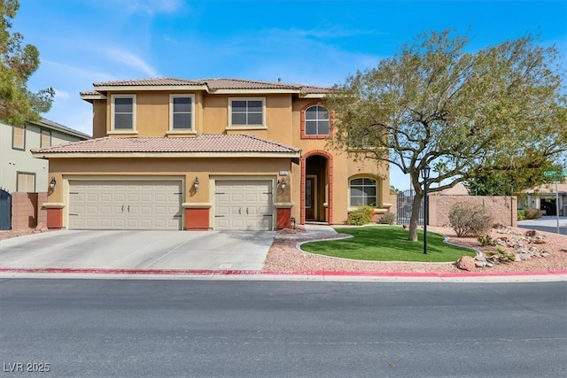 view of front of home with fence, an attached garage, stucco siding, concrete driveway, and a front lawn