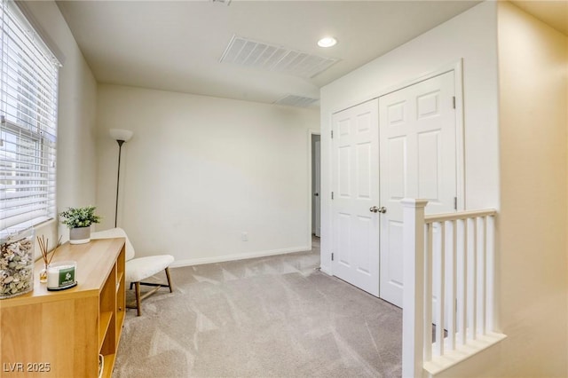 sitting room with recessed lighting, visible vents, carpet floors, and baseboards