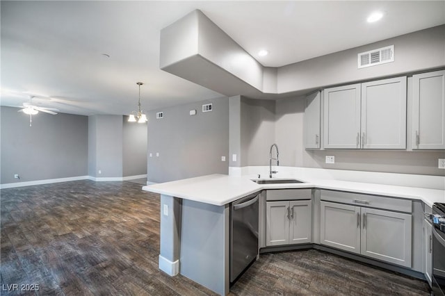 kitchen with visible vents, gray cabinets, appliances with stainless steel finishes, a peninsula, and a sink