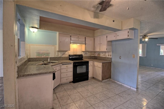 kitchen featuring tasteful backsplash, dark countertops, black electric range oven, a ceiling fan, and a sink