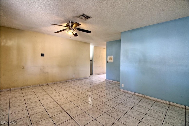 unfurnished room with a ceiling fan, visible vents, and a textured ceiling