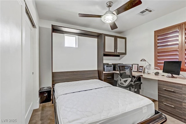 bedroom with visible vents, a closet, and ceiling fan