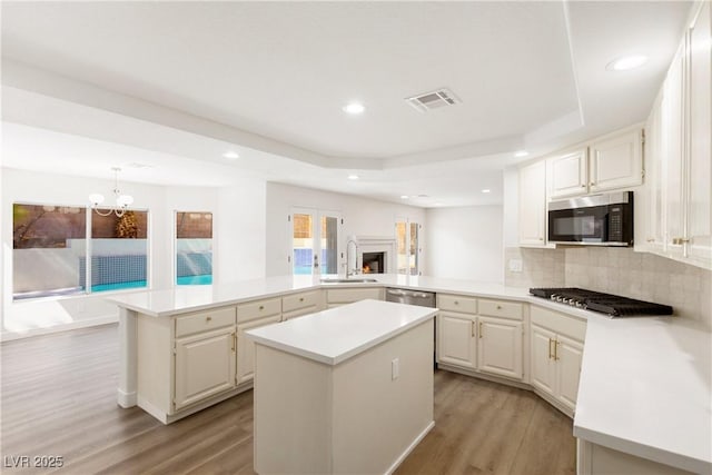 kitchen featuring light wood-style flooring, a peninsula, stainless steel appliances, a raised ceiling, and a sink