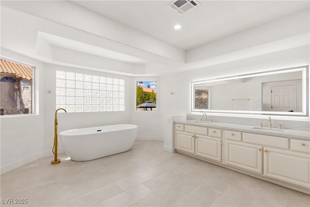 full bathroom featuring a sink, visible vents, a tray ceiling, and double vanity