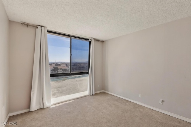 spare room featuring carpet, baseboards, and a textured ceiling