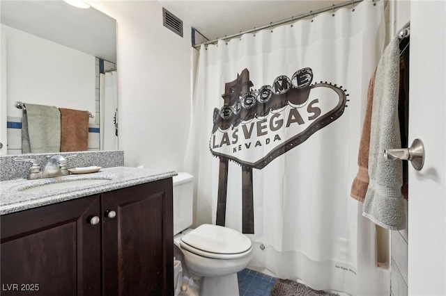 full bath featuring tile patterned floors, visible vents, toilet, and vanity