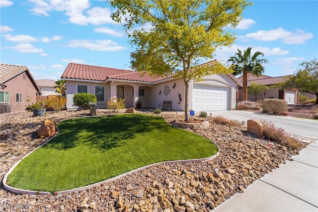 view of front of home with stucco siding, a front lawn, concrete driveway, an attached garage, and a tiled roof