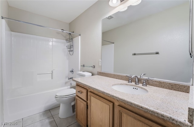 bathroom with tile patterned floors, shower / bathtub combination, toilet, and vanity