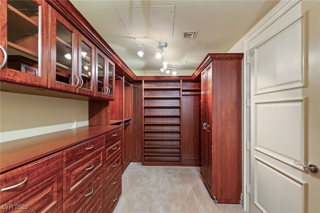 spacious closet featuring visible vents and light carpet