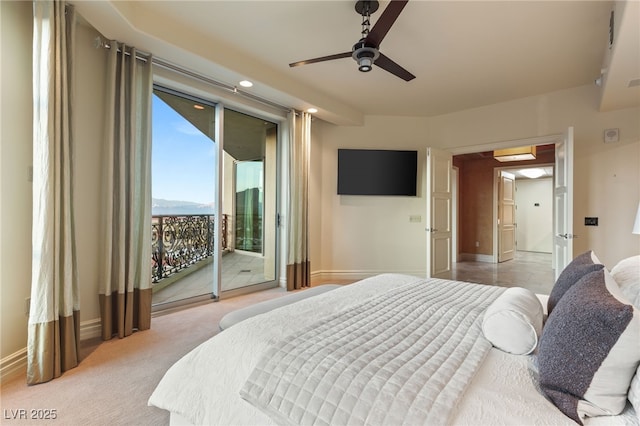 bedroom featuring baseboards, light carpet, a ceiling fan, and access to outside