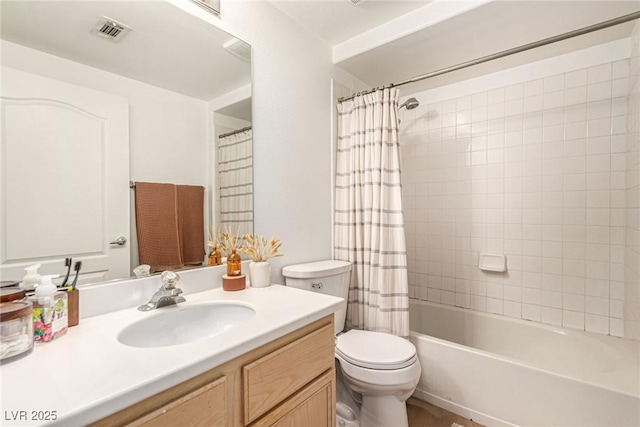 bathroom with visible vents, toilet, shower / bath combo, and vanity