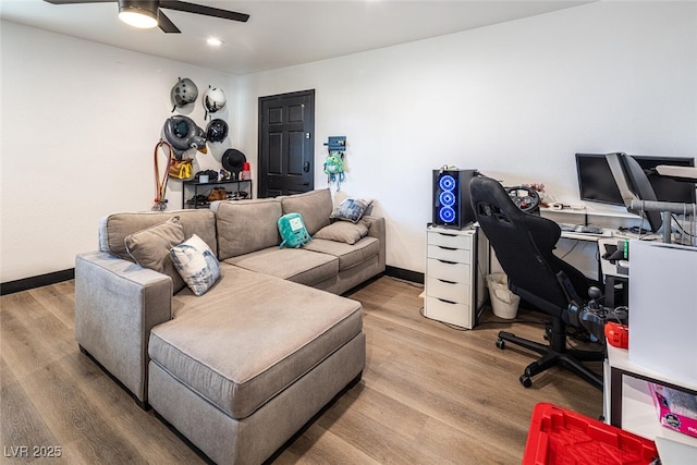 home office with recessed lighting, a ceiling fan, baseboards, and wood finished floors