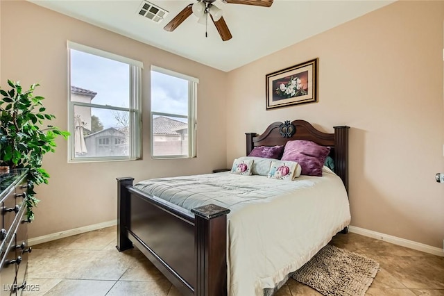 bedroom featuring visible vents, ceiling fan, and baseboards