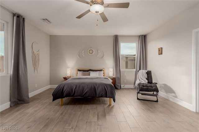 bedroom with visible vents, light wood-type flooring, and baseboards