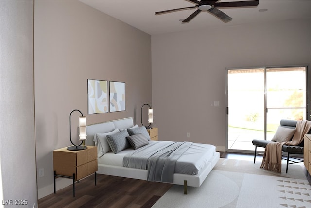 bedroom with access to exterior, ceiling fan, and wood finished floors