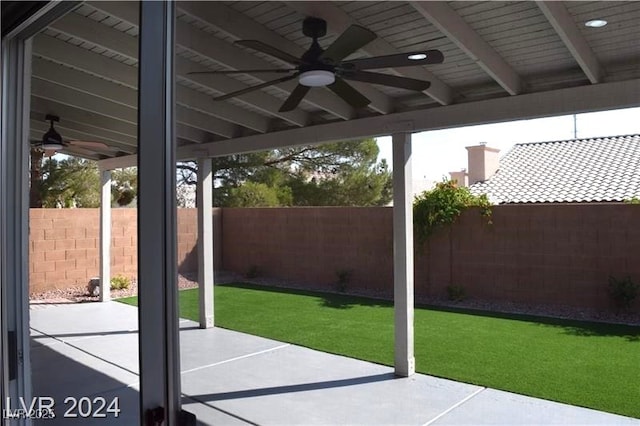 view of patio / terrace featuring ceiling fan and a fenced backyard