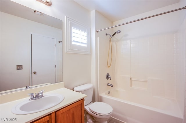 full bathroom with shower / bath combination, visible vents, toilet, and vanity