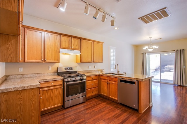 kitchen featuring a peninsula, dark wood-style flooring, a sink, under cabinet range hood, and appliances with stainless steel finishes