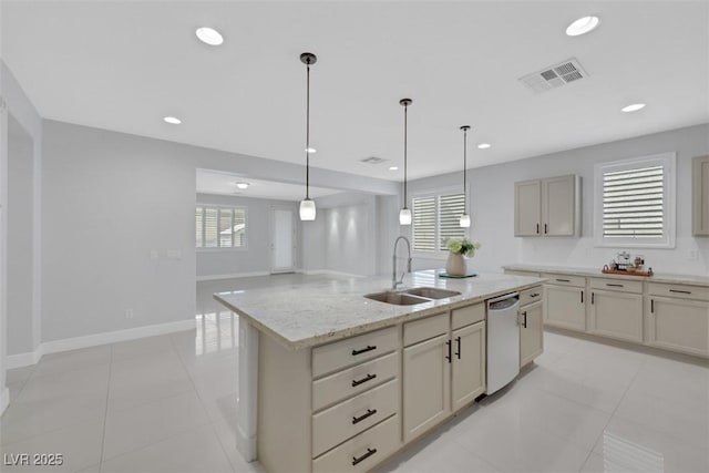 kitchen with visible vents, recessed lighting, dishwasher, and a sink