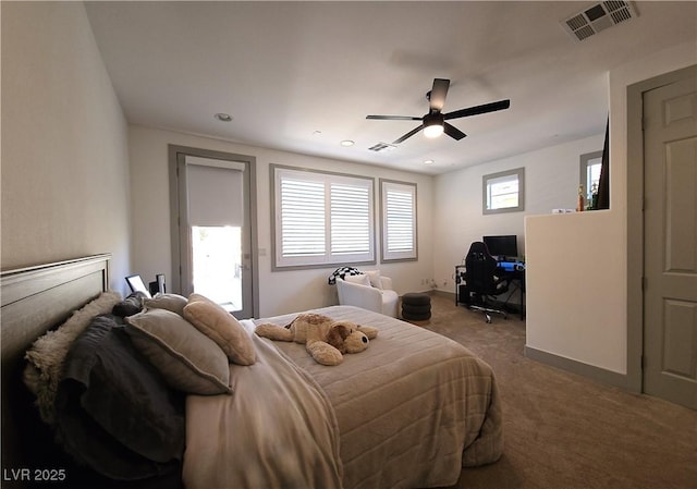 bedroom with carpet flooring, recessed lighting, visible vents, and ceiling fan