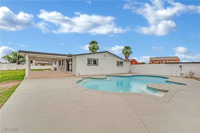 view of swimming pool featuring a fenced in pool, a patio, and a fenced backyard