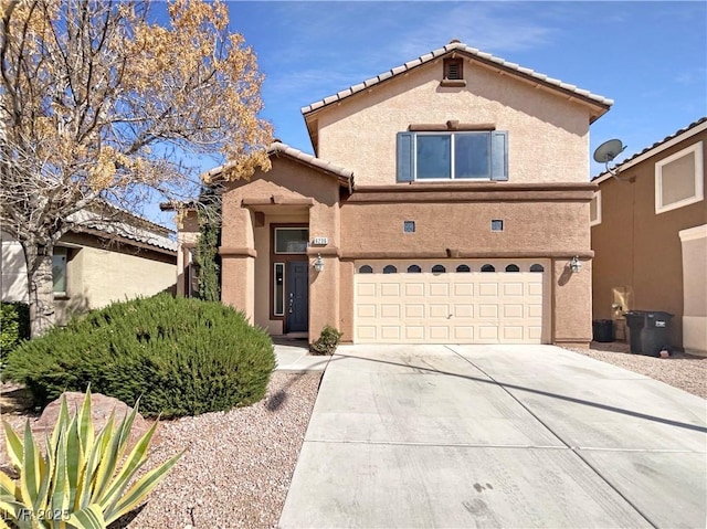 mediterranean / spanish-style house featuring stucco siding, an attached garage, driveway, and a tiled roof