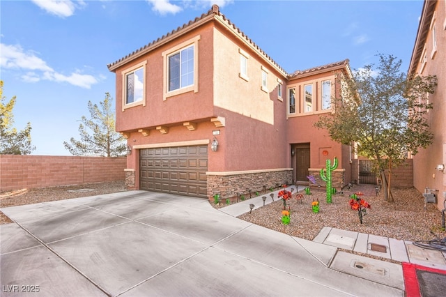 view of property exterior featuring fence, concrete driveway, stucco siding, stone siding, and an attached garage