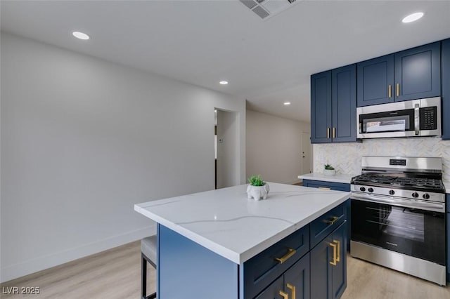 kitchen with visible vents, a kitchen island, decorative backsplash, light wood-style floors, and stainless steel appliances