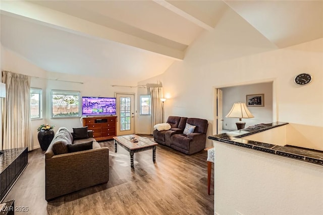 living room featuring beamed ceiling, high vaulted ceiling, and wood finished floors