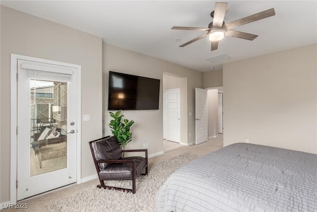 bedroom with ceiling fan, light colored carpet, visible vents, and baseboards