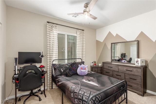 bedroom with baseboards, light colored carpet, and ceiling fan