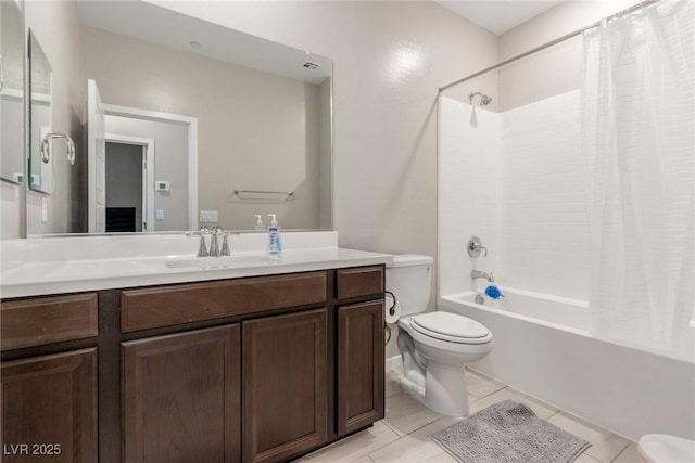 full bathroom featuring tile patterned floors, vanity, toilet, and shower / tub combo with curtain