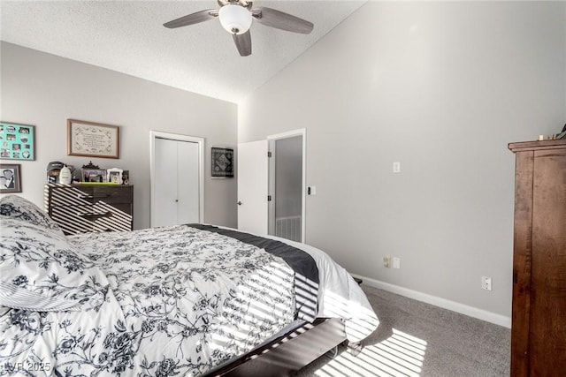 carpeted bedroom with high vaulted ceiling, ceiling fan, a textured ceiling, and baseboards