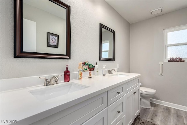 bathroom featuring a sink, toilet, wood finished floors, and double vanity