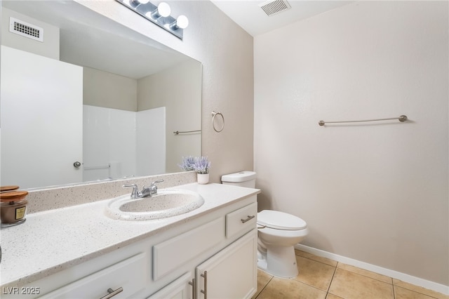 bathroom featuring tile patterned flooring, toilet, vanity, and visible vents