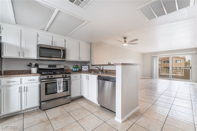 kitchen featuring a sink, white cabinets, visible vents, and stainless steel appliances