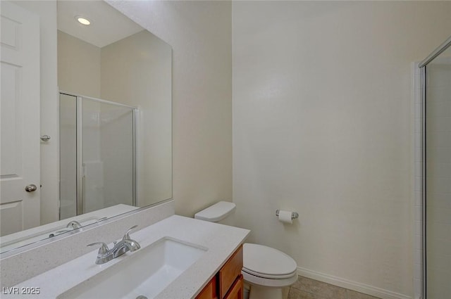 full bath with baseboards, toilet, a shower with shower door, tile patterned floors, and vanity